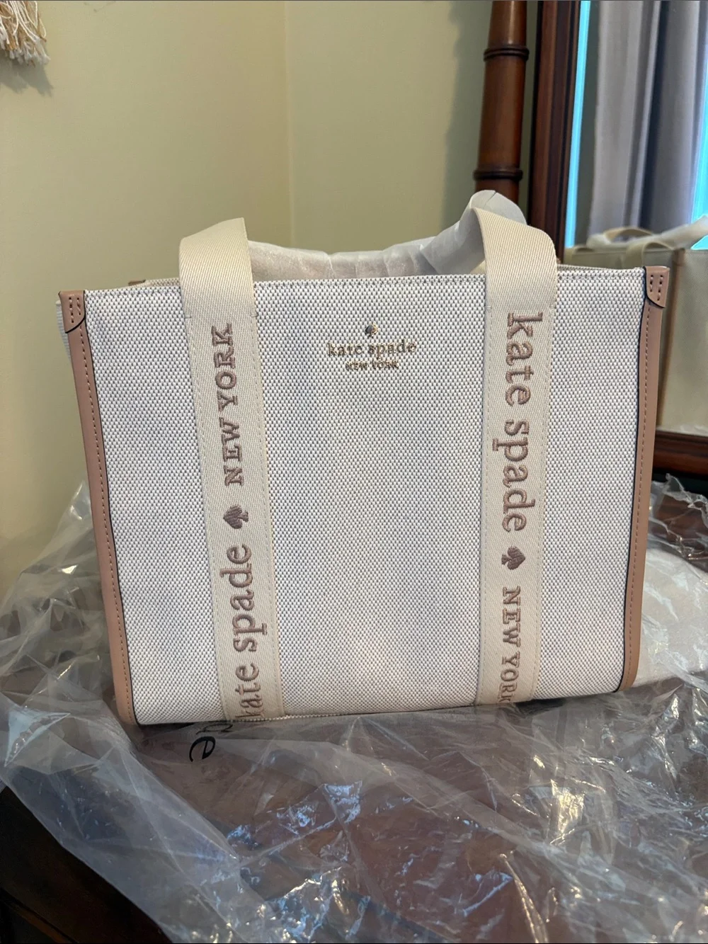 kate spade Cream and Blush Canvas Tote with Branded Straps